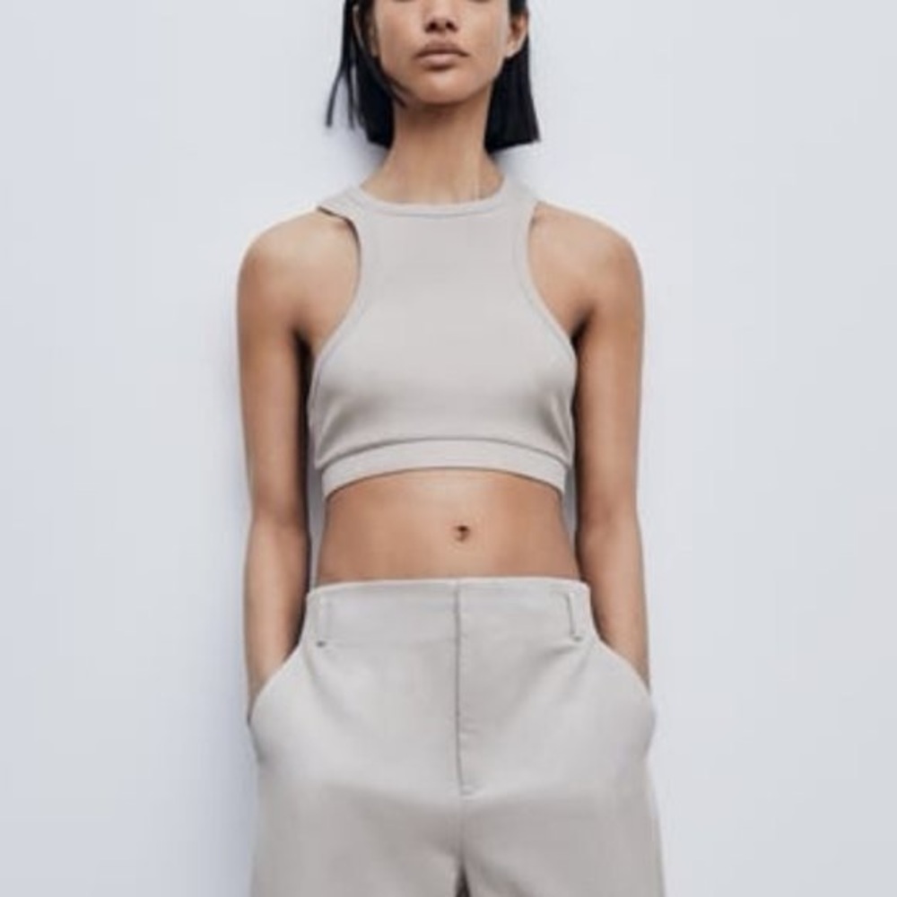 Zara Light Grey Cropped Ribber Halter Top